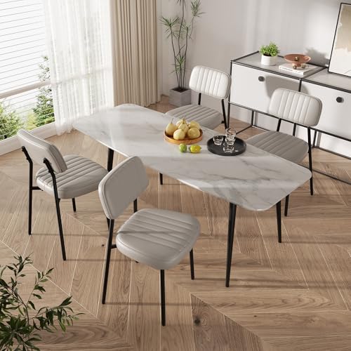 Image of Dining Chairs Set of 4, Faux Leather Dining Chairs with Thick Cushions Seat Back and Metal Legs, Modern Comfy Upholstered Kitchen Chairs for Dining Living Room，Beige