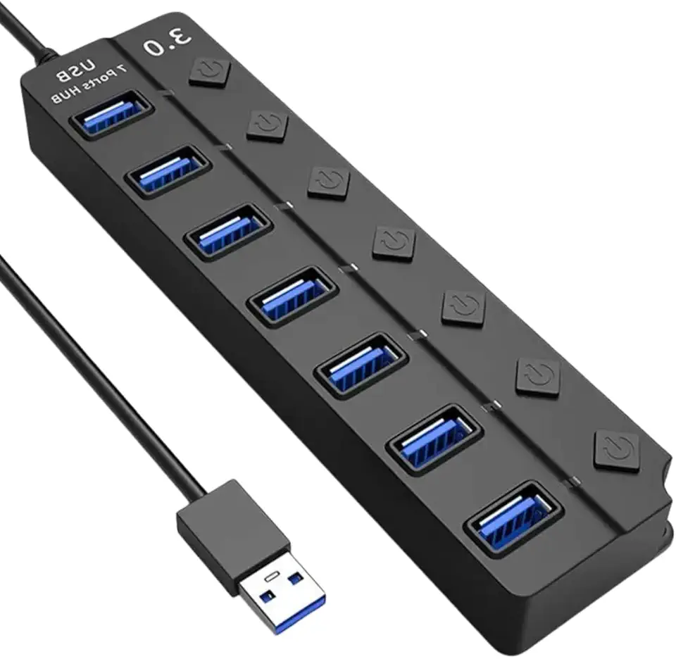 Hub USB 3.0 Com 7 Portas, Botões Individuais, LED, Alta Velocidade (5Gbps) Compatível Com PC Notebook TV Console Mouse PenDrive Teclado Impressora Acabamento Premium