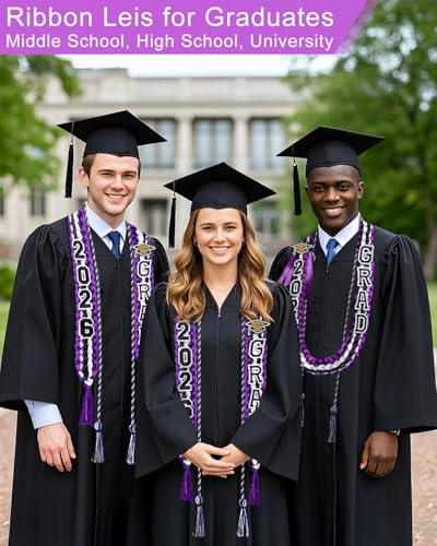 Image of Yigney Graduation Lei Set Class of 2026 Grad Ribbon Leis with Honor Cord Double Braided Graduate Leis for Men Women Purple Black White