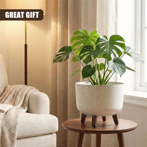 GEEZY Round Plant Pot with Legs, 29cm - Cream Stone Effect Outdoor & Indoor Planter - Modern Flower Pot Stand with Drainage & Self Watering Reservoir for House Plants, Succulents & Living Room - Image 8