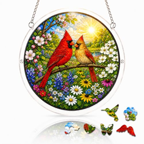 Acrylic Puzzles Suncatcher 9 Inch Cardinal Window Suncatcher Acrylic Puzzle DIY Acrylic Suncatcher Jigsaw Puzzle Kit 92 PCS Stained Glass Style Window Hanging Decor Red Bird Memorial Gift