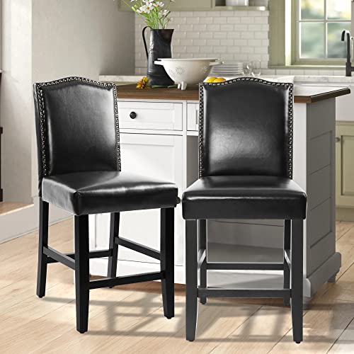 Gotminsi Counter Bar Stools Set Of 2, 24 Inch Upholstered Pu Leather Wooden Counter Height Chairs With Nailheads And Solid Wood Legs For Home Kitchen And Restaurant, Black #TOP1