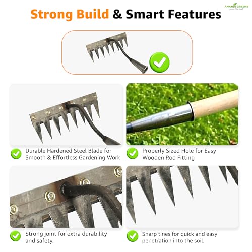 Image of Anandi Green's 8 Teeth Garden Rake Heavy Duty Carbon Steel Rake Handle for Soil Loosening, Weeding, Lawn & Yard Cleaning Multipurpose Outdoor Gardening Tool for Home Farm & Agricultural Use