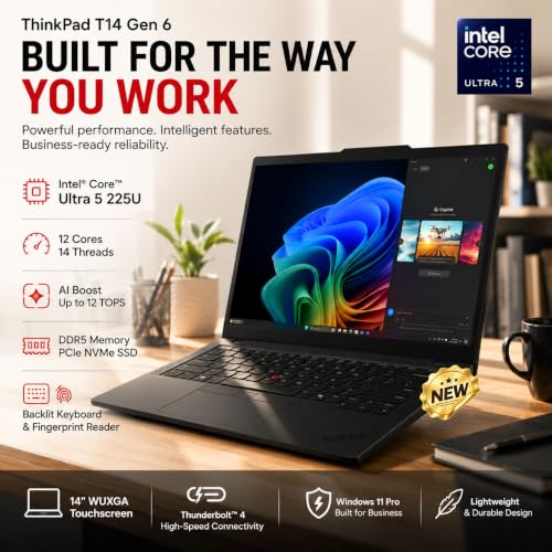 Image of Lenovo ThinkPad T14 Gen 6 Business Laptop | 14 inch WUXGA IPS Touchscreen | Intel Core Ultra 5 225U | 16GB DDR5 RAM | 512GB SSD | Backlit Keyboard | Fingerprint Reader | RJ-45 | Wi-Fi 6 | Windows 11 Pro