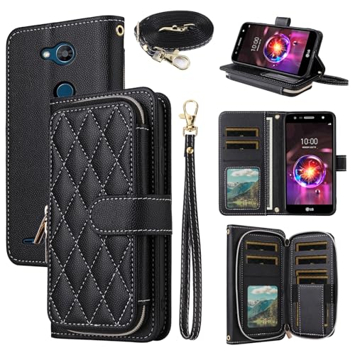 Dswteny Argyle Wallet Case for LG X Charge/Fiesta 2 LTE/X Power 3/X5/LV7 with Wrist Strap Shoulder Strap Flip Credit Card Holder Cell Phone Cover for LG-M322 XPower 2 SP320 M327 M322 Women Girls Black