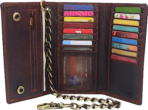Personalized Bikers RFID Safe Cow Vintage Leather Brown Long Checkbook Trifold Chain Wallet for Men2
