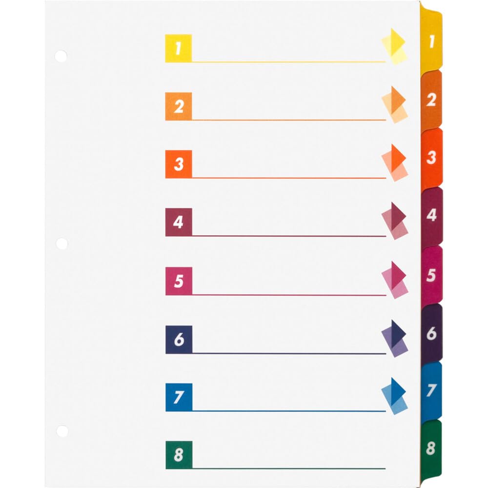S.P. Richards Company Index Dividers with Table of Contents, 1 – 8, 8 tabs-sheet, multi (SPR21909)