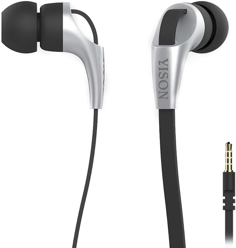 in Ear Buds Bass HiFi Stereo Earbuds Noise Isolating Earphones Headphone Flat Cord Portable Earbud with HD Microphone for iOS Android Smartphones Laptops and MP3/4 Music Players (Silver)