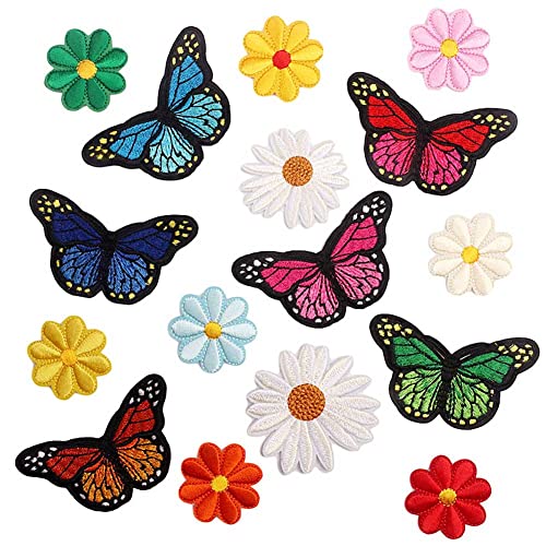 16 pcs Butterfly Embroidered Iron on Patches Sunflower Cute Sew On Applique Patches for Clothing Jeans Jackets Shoes Hats Bags DIY Repair Decorative