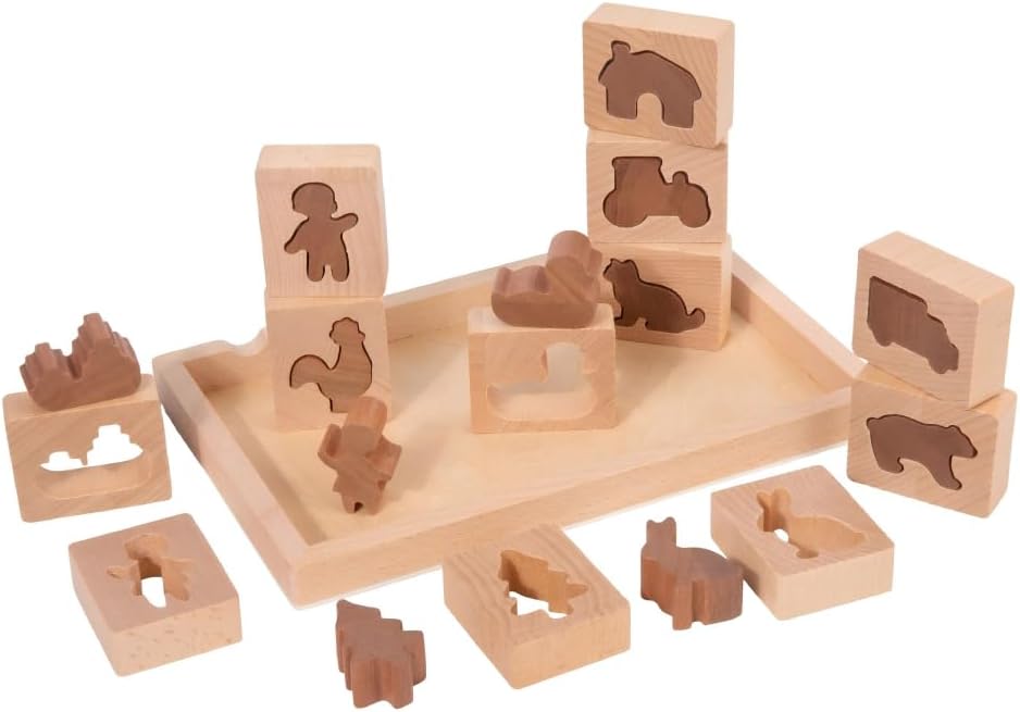 Wooden Shape Matching Puzzles for Toddlers 3+, Stacking Block Toy Set, Montessori Educational Preschool Memory Game for Kids | Fine Motor Skills Learning Toys with Natural Beech Wood (12 Pairs)