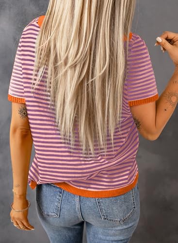 Image of Dokotoo Womens Tops 2026 Casual Summer Crewneck Short Sleeve Striped Color Block Knit High Low Trendy Pullover Sweaters