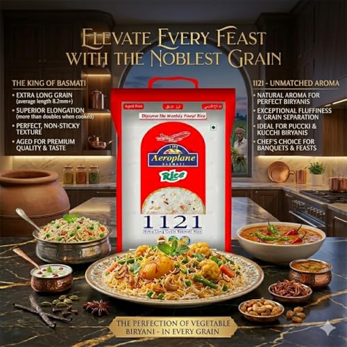 Image of Aeroplane XXXL Extra Long Grain Biryani Basmati Rice 5kg | Naturally Aged, Non-Sticky | Rich Aroma | Fluffy & Separate Grains | Ideal for Biryani & Pulao