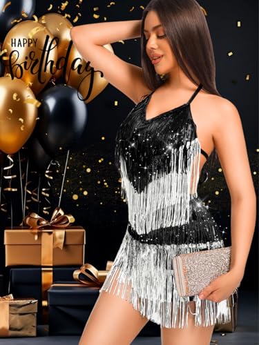 Image of Kaei&Shi Sequin Fringe Romper,Sparkly Glitter Metallic Jumpsuits For Women,Backless Shorts Dress Disco Birthday Dance Outfit