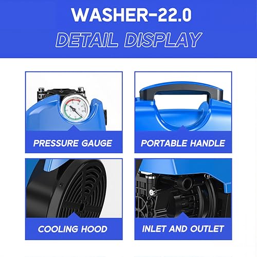 Image of Cockatoo RinseSmart22W High Pressure Washer, Corded Electric 2200W 3HP, 140 Bar, 6L /Min Flow, Aluminium Binding Induction Motor, 7m Hose, Foam Spray Gun - for Car, Bike, Patio, Garden, car Washer Blue