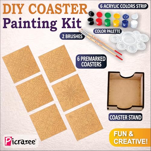 Image of PICRAZEE DIY Art & Craft Wooden Painting Kit for Kids | Premarked Square Coaster MDF Painting Set with 6 Colors 2 Brushes Palette and Stand | Drawing and Coloring Activity Set for Home and Gifting