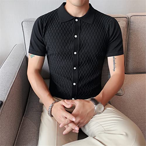 Men Summer Short Sleeves Knitted Sweater Solid Color Lapels Grid Ice Silk Slim Fit Cardigan4