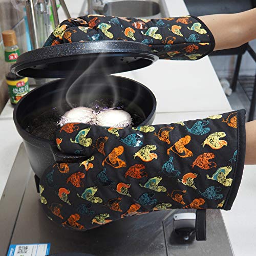 Oven Mitts Gloves 1 Pair Heat Resistant 480 ℉ Non Slip Clear Silicone Printed Rooster Comfortable Cotton Lining Kitchen Men Cooking Barbecue Machine Washable (Rooster, Black Mittens) #TOP6