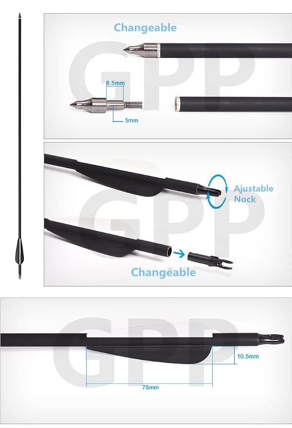 GPP Outdoors Carbon 30" Black Shaft Arrows with Field Points Replaceable Tips (12 Pack) for Recurve Bow & Compound Bows by GPP - Image 4