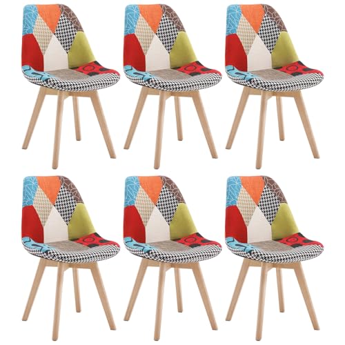 WOLTU Esszimmerstühle 6er Set, Küchenstühle mit Patchwork Design, mit Massivholz Beinen, Leinen, bis 150 kg belastbar, Mehrfarbig