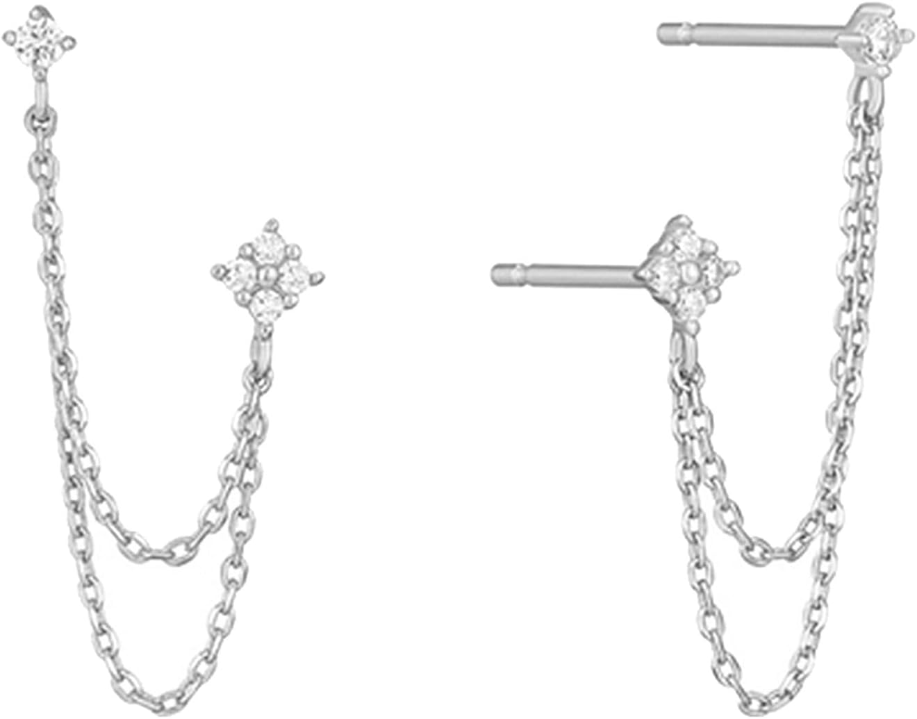 925 Sterling Silver Four Zircons Flower Stud Earrings For Women Double Studs Chain Tassel Piercing Earring 18K Gold