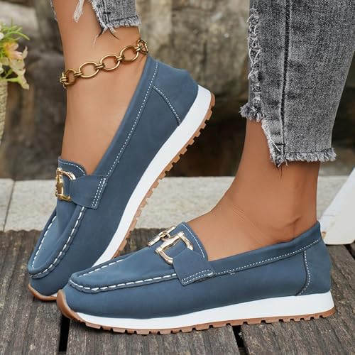 Image of Women's Loafers with Arch Support Casual Slip-On Orthopedic Leather Wedge Loafer Comfortable Slip On Loafer Sneakers with Chain Non-Slip Walking Boat Shoes Fashion Retro Loafer