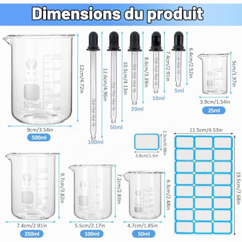 AILUYA 5 Pcs BéCher Gradué en Verre Borosilicate, 25ml/50ml/100ml/250ml/500ml Bécher en Verre de Laboratoire, Tasse à Mesurer Verre avec Burette Graduée et Autocollant pour Laboratoire – vue 2