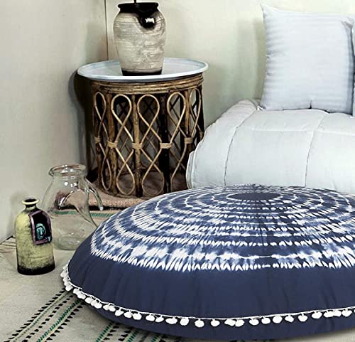 Rajrang Bringing Rajasthan To You Round Floor Pillow Cover 32 Inch Large Blue Decorative Meditation Cotton Cushion Case Bohemian Shibori Seating Pouf With Pom Pom For Home Decor #TOP1