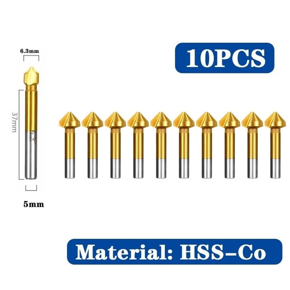 Broca avellanadora 10 fresas de biselado HSS 6542/M35, brocas avellanadas 3 flautas y 90 grados for herramientas eléctricas(6.3mm*35)