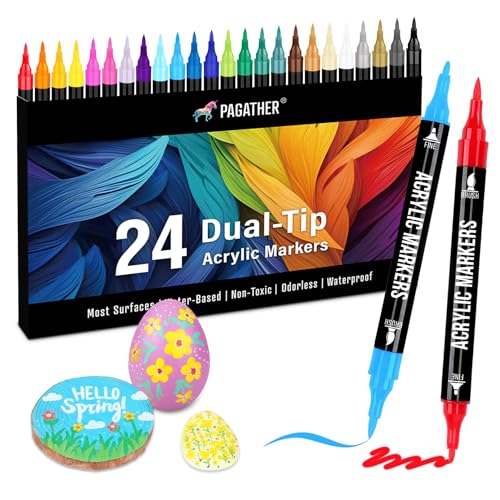 Pagather 24 Colors Acrylic Paint Markers, Dual Tip with Fine Tip and Brush Tip Pens for Stone, Wood, Calligraphy, Canvas, Ceramic, Metal, Glass, Rock Painting, DIY Crafts