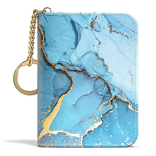 Image of Aiawoxc Credit Card Holder for Women, Small RFID Wallet Slim Leather Card Organizer Case with Zipper Keychain, Light Blue Marble