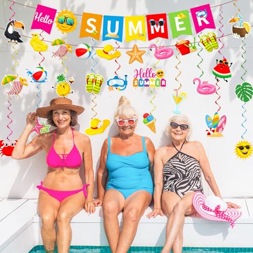Image of Summer Party Decorations, Beach Party Decor Includes Hello Summer Banner Beach Hanging Swirls and Garland, Summer Decorations for Office Classroom, Pool Decorations