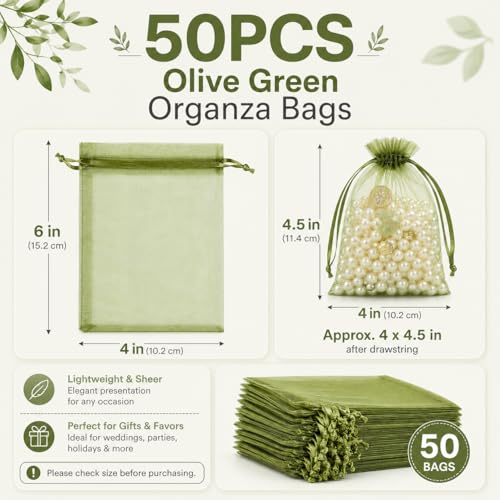 Image of Hopttreely 50PCS Olive Green Organza Bags 4x6 Inch, Multi-Purpose Mesh Drawstring Gift & Fruit Protection Bags for Wedding Favors, Jewelry, Christmas, Sachet, Easter, St. Patrick's Day, Party Supplies, Garden Plant Netting