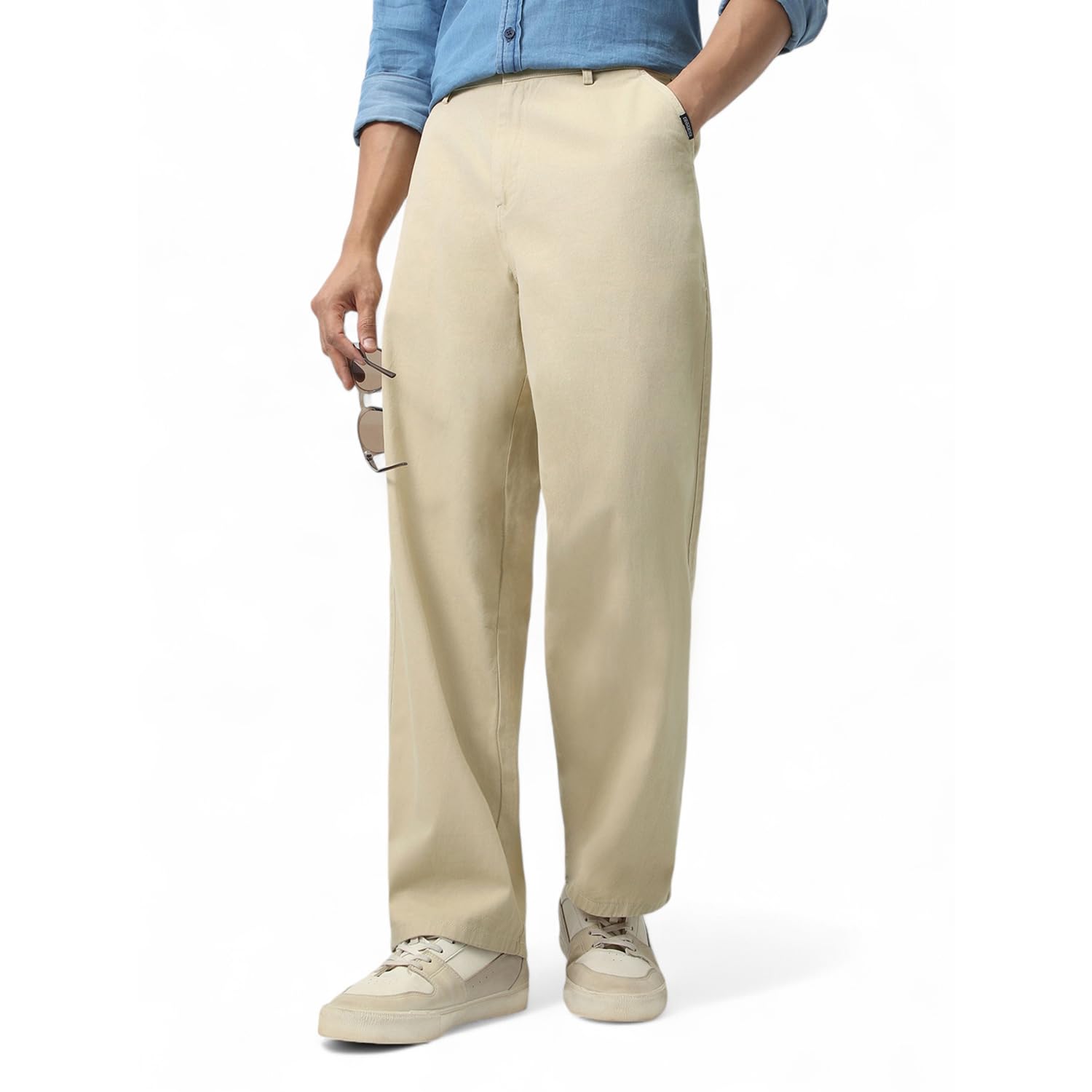 Men's Loose Baggy Fit Solid Chino Trousers Non-Stretchable