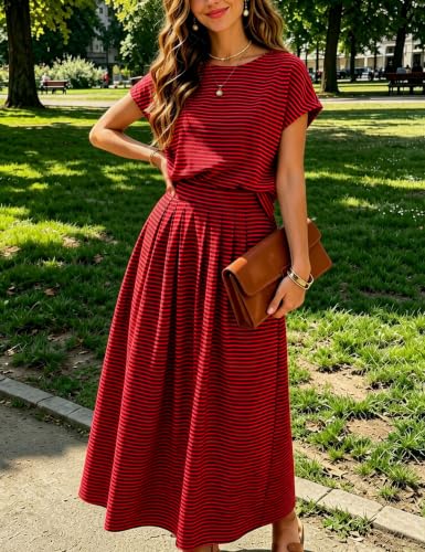 Image of Zontroldy Women's Summer 2 Piece Outfits Striped Skirt Shirt Sets Pockets