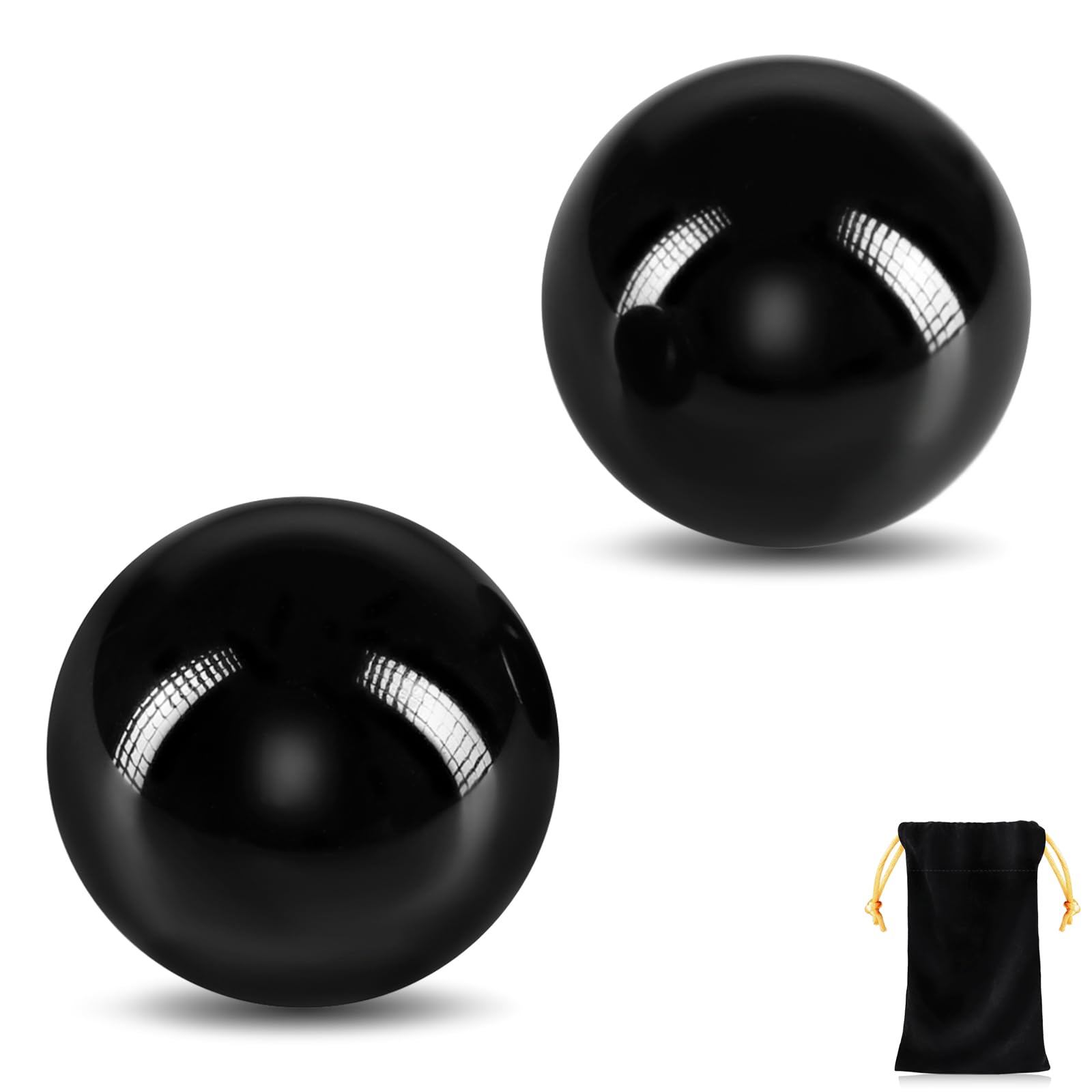 Learay 2PCS Black Obsidian Baoding Balls, Chinese Health Exercise Massage Balls with Carry Pouch for Stress Relief Hand Exercise Balls (Black/2 inch)