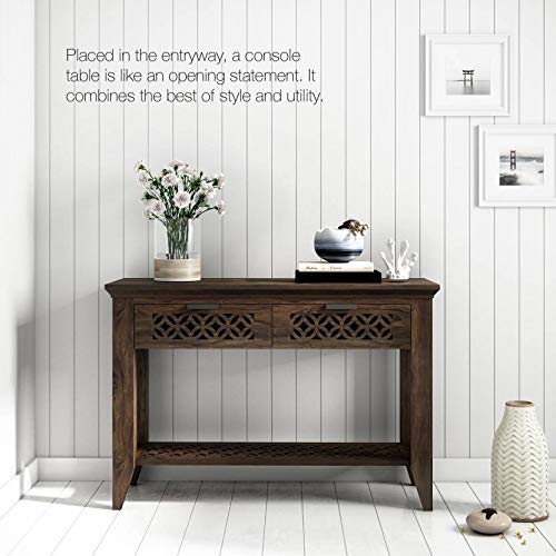 Image of Solid Sheesham Wood Console Table for Living Room | Entryway Hallway Sofa & Fish Tank Table with 2 Drawers & Shelf Storage | Wooden Side Furniture | Warm Chestnut Finish