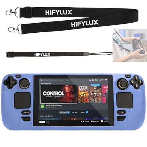 Fenmaru Schutz Silikon Hülle für Steam Deck Spielekonsole, Schutzhülle + Nackengurt + Handschlaufe für Steam Deck (Blau) Cover
