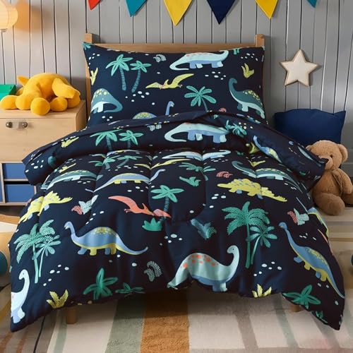 PHF 4 Piece Toddler Bedding Set Ultra Soft Toddler Comforter Sets Include Comforter Fitted Sheet Flat Top Sheet and Pillowcase for Boys Bed in A Bag for Toddler Bedroom Cute Dinosaur