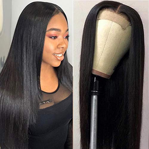 ISEE Hair Young 4x4 Lace Closure Wigs Brazilian Straight Human Hair Lace Front Wigs 150% Density Pre Plucked Human Hair with Baby Hair Bleached Knots Lace Front Wigs for Black Women (20inch)