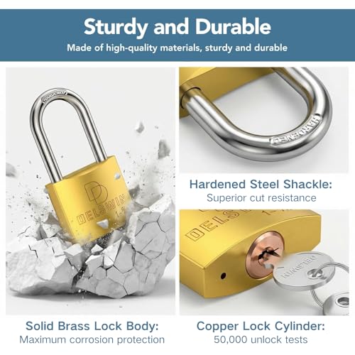 DELSWIN Weatherproof Padlock with Key (Keyed Alike) - Heavy Duty Solid Brass Locker Lock with 1-9/16" Long Shackle, Marine Grade Pad Lock for Outdoor Gate, Fence, Shed (2 Pack) by DELSWIN - Image 4