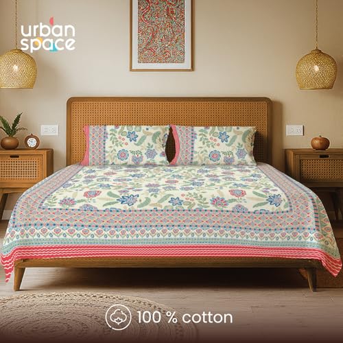 Image of Urban Space 100% Cotton Handcrafted Premium Printed Double Size Bedsheet with 2 Pillow Covers, 240 TC Cotton Double Bedsheet (90 x 100 Inches, Noorjaal)