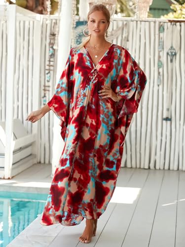 Image of IMAGEKOPE Women's Plus Size Animal Print V-Neck Batwing Kaftan Beach Dress Bathing Suit Cover-Up Loungewear