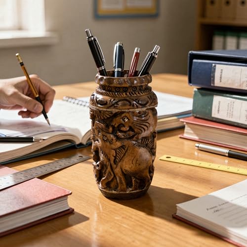Image of Craft Trade 13x6 Cm Round Hand Carved Wooden Pen Pot Holder - Dark Brown