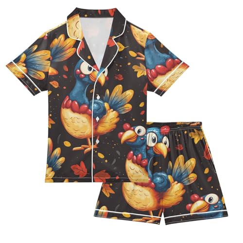 Satin Pajama Sets Short Sleeve Autumn Leaves Bird Turkey Button Down Silky Nightwear 2 Piece PJS 5-14Y