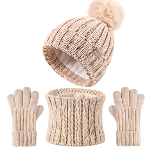 Children Winter Beanie Hat Scart Gloves Set, Kids Fleece Lined Knitted Woollen Pompom Hat for Boys Girls Toddler 3-9 Years