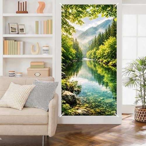 Image of Forest Mountain Lake Door Cover Nature Front Door Banner Decor