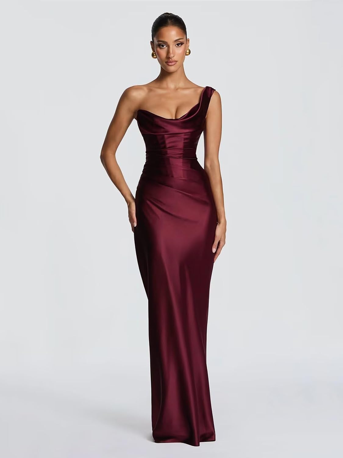 One Shoulder Satin Prom Dresses for Women Long Ball Gown Mermaid Pleated Bodycon Formal Party Dress