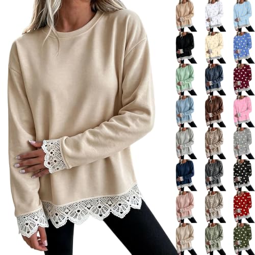 Womens Crew Necks Sweatshirts Lace Trim Sweatshirt with Scalloped Edges - image 1