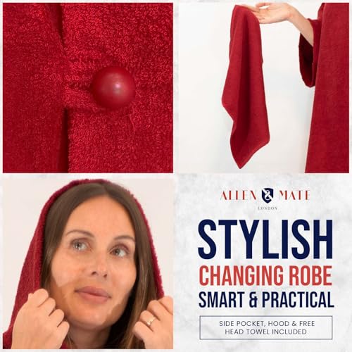 Image of ALLEN & MATE 100% Cotton Hooded Surf Poncho Changing Robe - Quick Absorbent Changing Towel with Pocket for Surfing Men Women