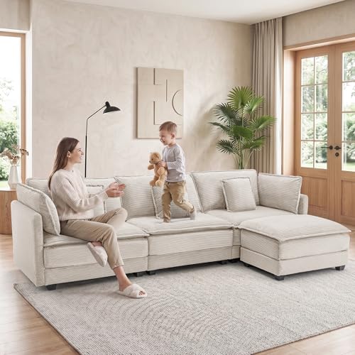 Image of Corduroy Sectional Couch, 3 Seater 113 inch L Shaped Cloud Couch with Ottoman, Modular Deep Seat Sofa with Pillows for Living Room, Apartment, Beige
